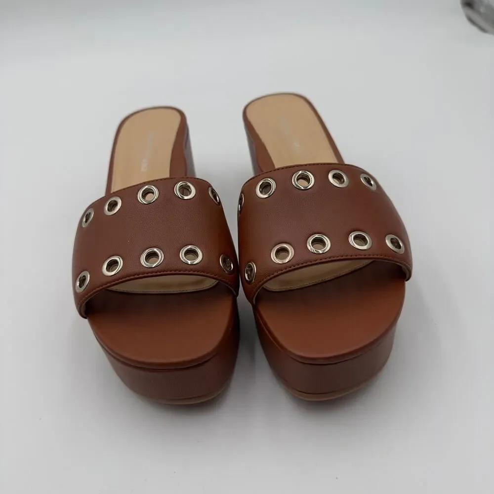 Marion Parke Cora Brown Leather Platform Slide Sandal Grommet Details Sz 41 NWOT